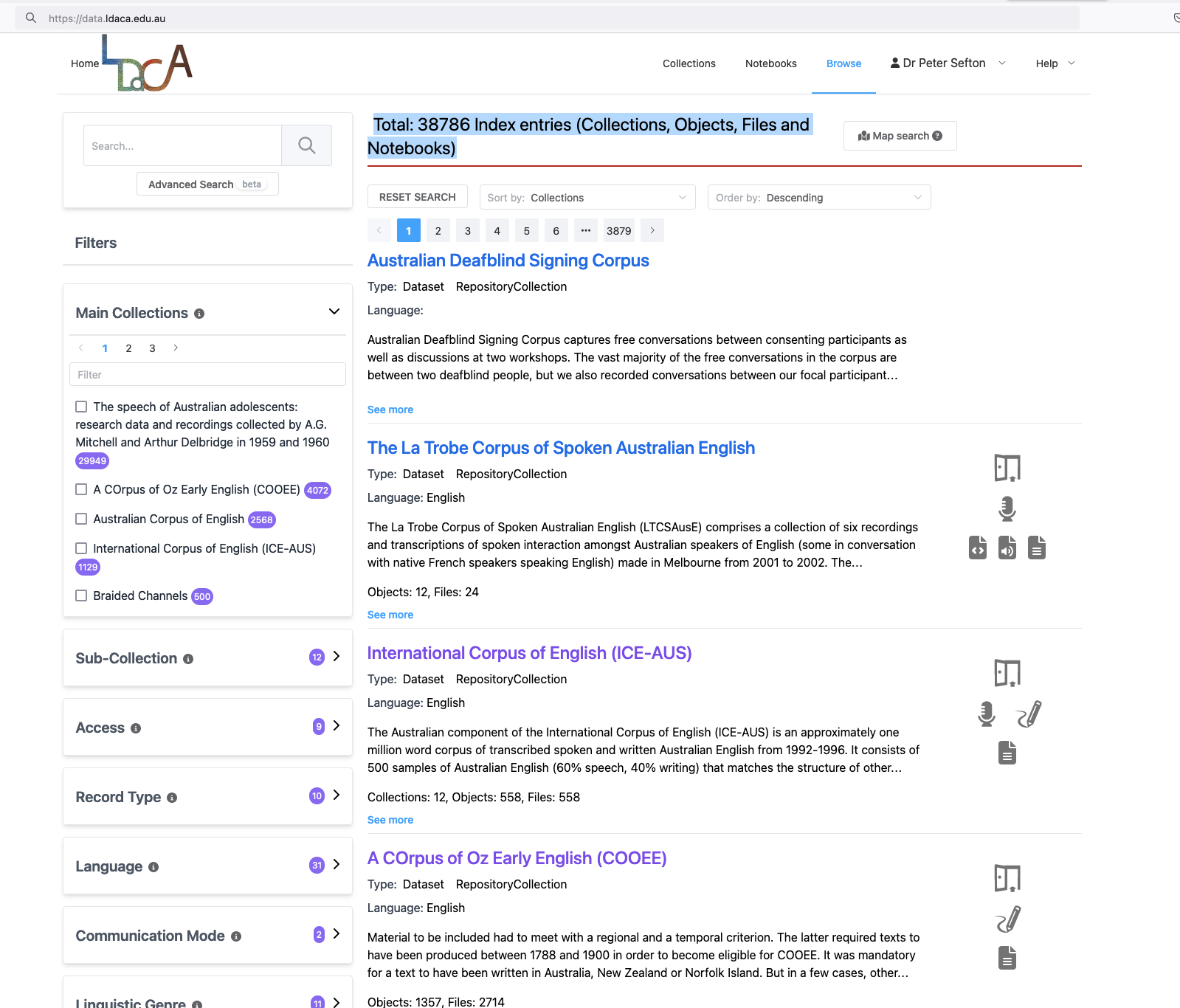 Screenshot of LDaCA data portal showing that it contains 38786 Index entries (Collections, Objects, Files and Notebooks)