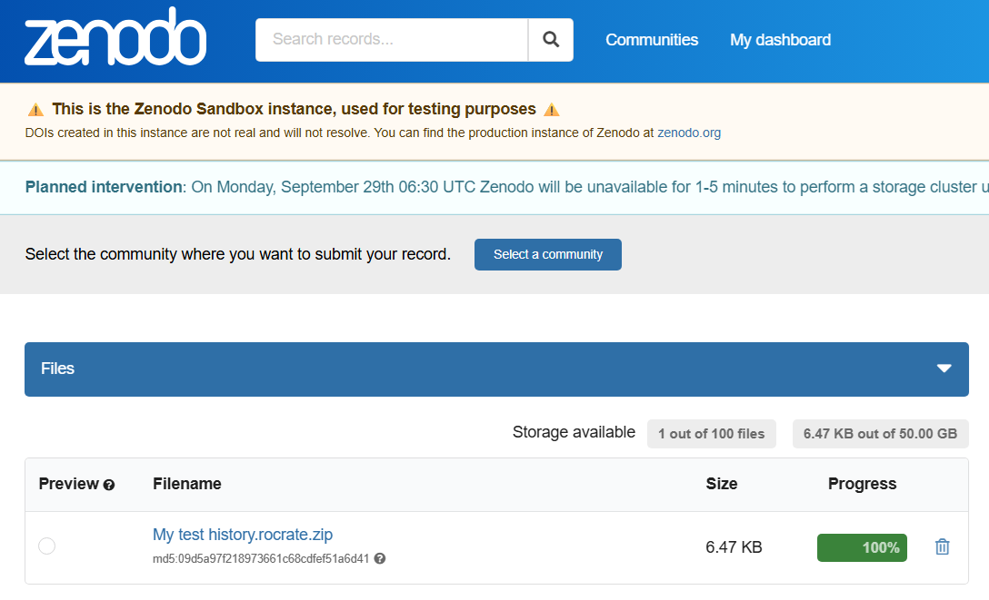 Zenodo draft record showing a file called 'My test history.rocrate.zip'